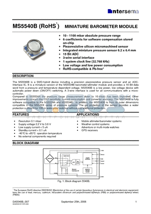 MS5540B datasheet - MINIATURE BAROMETER MODULE