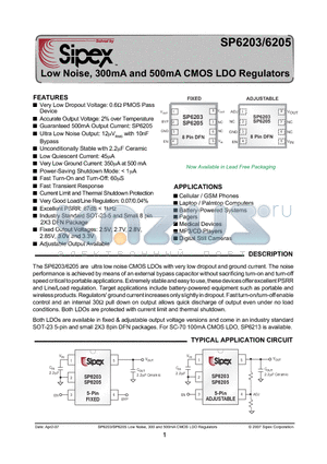 SP6203EM5-1-8 datasheet - Low Noise, 300mA and 500mA CMOS LDO Regulators