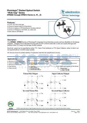 OPB911 datasheet - Photologic^ Slotted Optical Switch Wide Gap Series