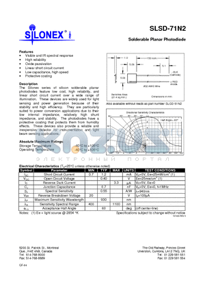 SLSD-71N2 datasheet - Solderable Planar Photodiode