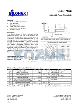 SLSD-71N3 datasheet - Solderable Planar Photodiode