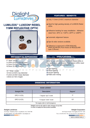 OPC1-2-COL datasheet - LUMILEDS LUXEON REBEL 11MM REFLECTIVE OPTIC