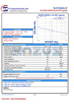 SLV1536A-LF datasheet - VOLTAGE CONTROLLED OSCILLATOR