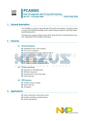 PCA9502BS datasheet - 8-bit I/O expander with I2C-bus/SPI interface