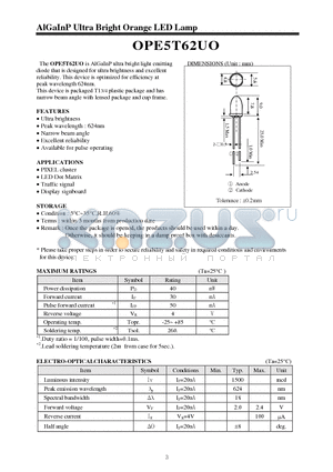 OPE5T62UO datasheet - AIGaInP Ultra Bright Orange LED Lamp