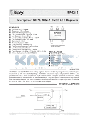 SP6213EC5-2.5 datasheet - Micropower, SC-70, 100mA CMOS LDO Regulator