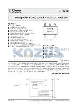 SP6213EC5-3.0 datasheet - Micropower, SC-70, 100mA CMOS LDO Regulator