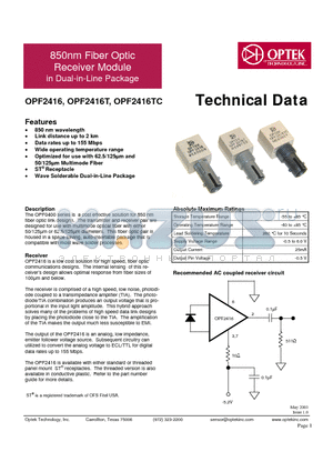 OPF1412C datasheet - 850nm Fiber Optic Receiver Module in Dual-in-Line Package