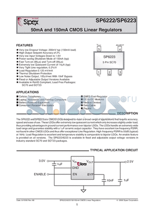 SP6222EK-L datasheet - 50mA and 150mA CMOS Linear Regulators