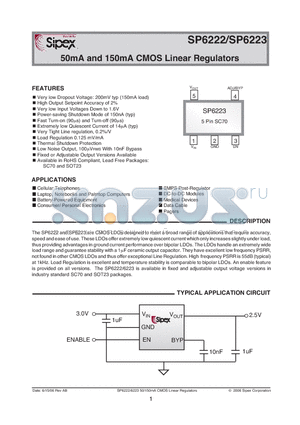 SP6222EC5-L datasheet - 50mA and 150mA CMOS Linear Regulators