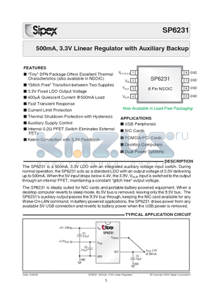 SP6231 datasheet - 500mA, 3.3V Linear Regulator with Auxiliary Backup