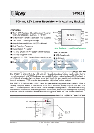 SP6231EN-3.3/TR datasheet - 500mA, 3.3V Linear Regulator with Auxiliary Backup