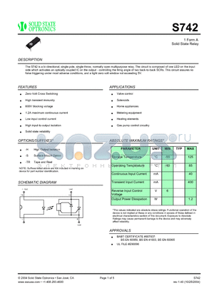 S742 datasheet - 1 Form A Solid State Relay