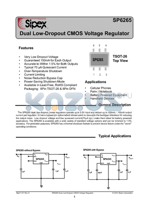 SP6265 datasheet - Dual Low-Dropout CMOS Voltage Regulator