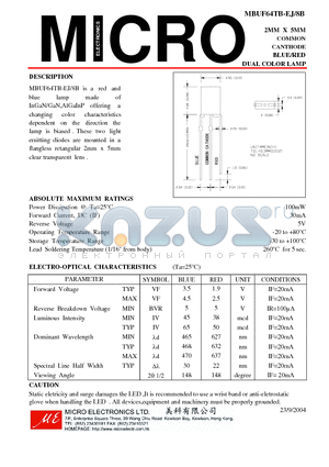 MBUF64TB-EJ datasheet - 2MM X 5MM COMMON CANTHODE BLUE/RED DUAL COLOR LAMP