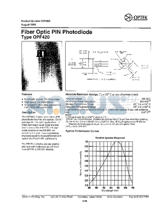 OPF420 datasheet - Fiber Optic PIN Photodiode