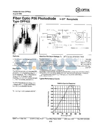 OPF422 datasheet - Fiber Optic PIN Photodiode