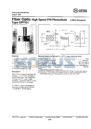 OPF431 datasheet - FIBER OPTIC HIGH SPEED PIN PHOTODIODE