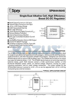 SP6644EU datasheet - Single/Dual Alkaline Cell, High Efficiency Step-Up DC-DC Converter