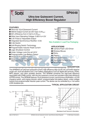 SP6648ER datasheet - Ultra-low Quiescent Current, High Efficiency Boost Regulator