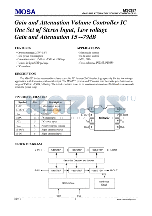 MS6257 datasheet - Gain and Attenuation Volume Controller IC One Set of Stereo Input, Low voltage Gain and Attenuation 15~-79dB