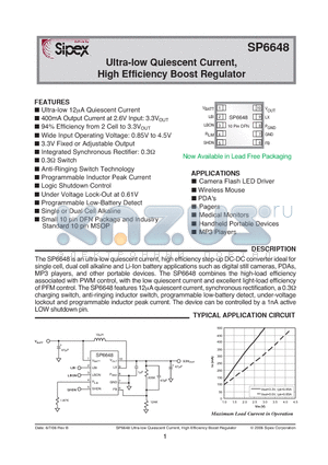 SP6648ER/TR datasheet - Ultra-low Quiescent Current, High Efficiency Boost Regulator