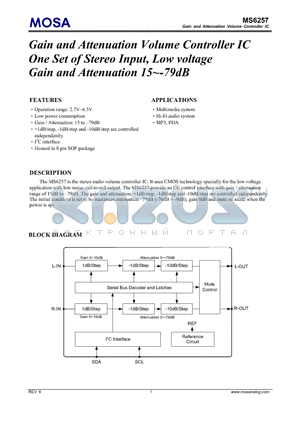 MS6257 datasheet - Gain and Attenuation Volume Controller IC One Set of Stereo Input, Low voltage Gain and Attenuation 15~-79dB