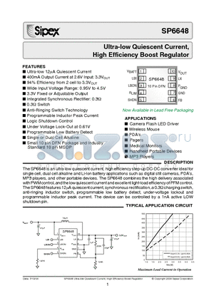 SP6648EU datasheet - Ultra-low Quiescent Current, High Efficiency Boost Regulator