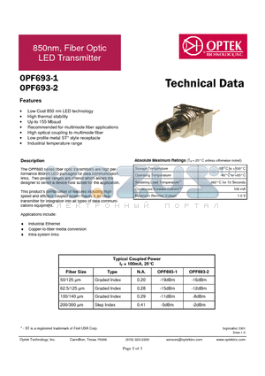 OPF693-2 datasheet - 850nm, Fiber Optic LED Transmitter