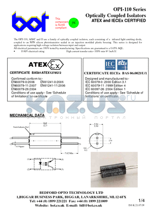 OPI110 datasheet - Optically Coupled Isolators ATEX and IECEx CERTIFIED