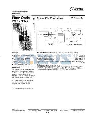 OPF432 datasheet - FIBER OPTIC HIGH SPEED PIN PHOTODIODE