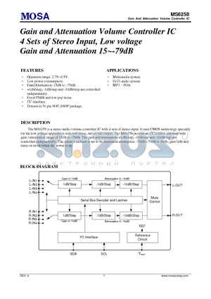 MS6258GTR datasheet - Gain and Attenuation Volume Controller IC 4 Sets of Stereo Input, Low voltage Gain and Attenuation 15~-79dB