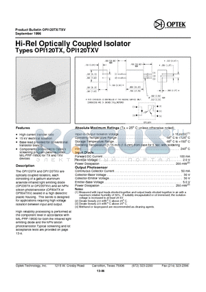 OPI120TX datasheet - Hi-Rel Optically Coupled Isolator