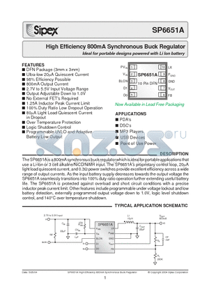 SP6651AER datasheet - High Efficiency 800mA Synchronous Buck Regulator Ideal for portable designs powered with Li Ion battery