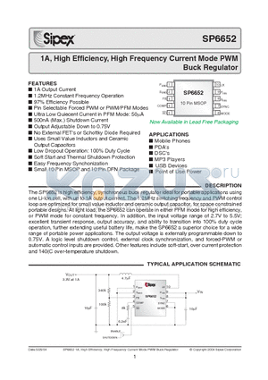 SP6652 datasheet - 1A, High Efficiency, High Frequency Current Mode PWM Buck Regulator