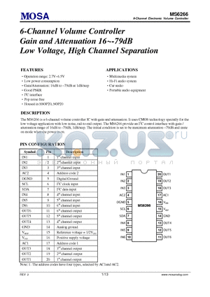 MS6266GTR datasheet - 6-Channel Volume Controller Gain and Attenuation 16~-79dB Low Voltage, High Channel Separation