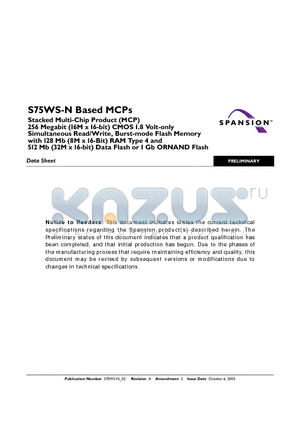 S75WS256NDFBAWLH0 datasheet - Stacked Multi-Chip Product (MCP)