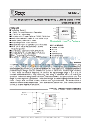 SP6652EU datasheet - 1A, High Efficiency, High Frequency Current Mode PWM Buck Regulator