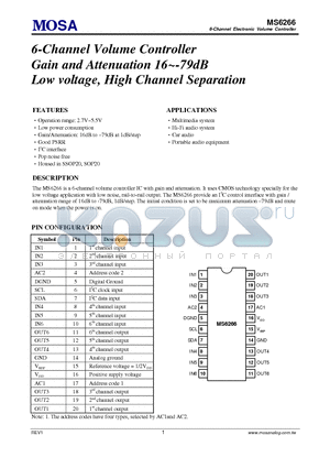 MS6266SSTR datasheet - 6-Channel Volume Controller Gain and Attenuation 16-79dB Low voltage, High Channel Separation