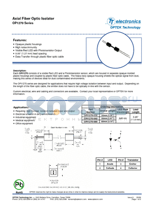 OPI1270-080 datasheet - Axial Fiber Optic Isolator