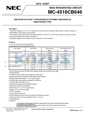 MC-4516CB646PF-A80 datasheet - 16M-WORD BY 64-BIT SYNCHRONOUS DYNAMIC RAM MODULE UNBUFFERED TYPE