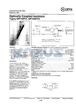 OPI150TXV datasheet - OPTICALLY COUPLED ISOLATORS