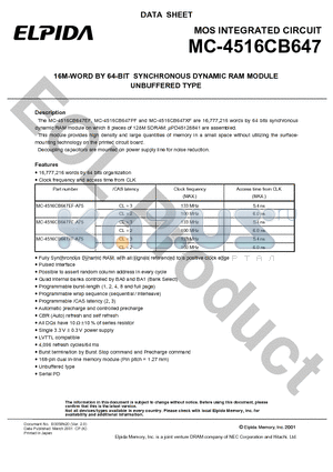 MC-4516CB647PF-A75 datasheet - 16M-WORD BY 64-BIT SYNCHRONOUS DYNAMIC RAM MODULE UNBUFFERED TYPE