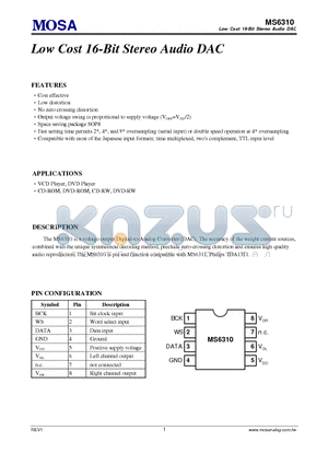 MS6310 datasheet - Low Cost 16-Bit Stereo Audio DAC