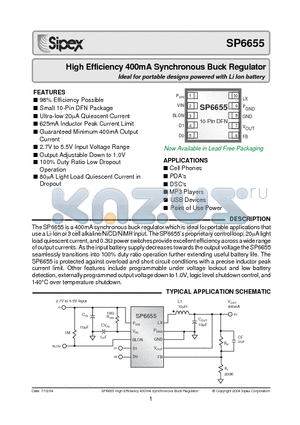 SP6655 datasheet - High Efficiency 400mA Synchronous Buck Regulator Ideal for portable designs powered with Li Ion battery