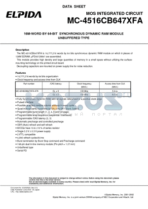 MC-4516CB647XFA datasheet - 16M-WORD BY 64-BIT SYNCHRONOUS DYNAMIC RAM MODULE UNBUFFERED TYPE