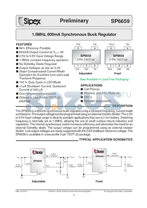 SP6659EK1 datasheet - 1.5MHz, 600mA Synchronous Buck Regulator