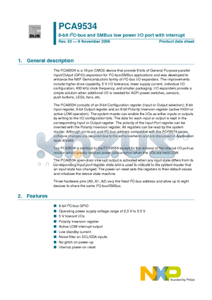 PCA9534 datasheet - 8-bit I2C-bus and SMBus low power I/O port with interrupt