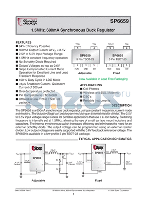 SP6659EK115 datasheet - 1.5MHz, 600mA Synchronous Buck Regulator