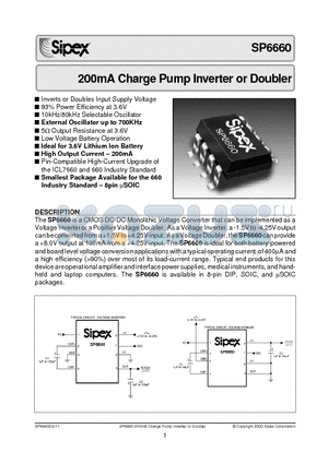 SP6660 datasheet - 200mA Charge Pump Inverter or Doubler